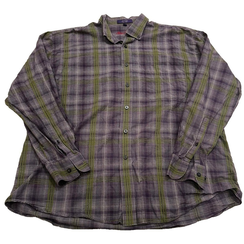 Alan Flusser Men's XL Long Sleeve Button Down Shirt Plaid Green Blue Cotton EUC